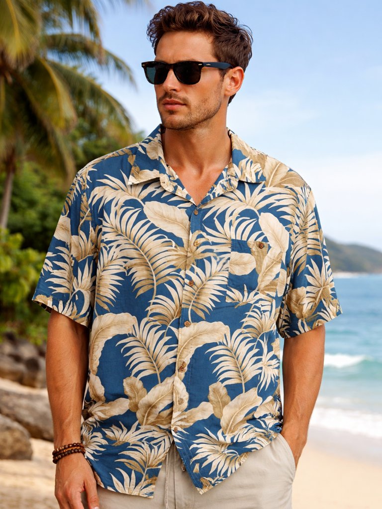 Vintage Hawaiian Aloha Shirt Mens M Blue Tropical Floral Camp Casual Beach